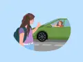 Una chica con mochila se despide con la mano, diciendo "chao en francés", a un chico en un coche verde.
