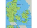 Mapa Danii z zaznaczoną Kopenhagą. Gdzie jest Kopenhaga? Na wschodnim wybrzeżu, na wyspie Zelandia.