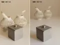 Boîte grise avec couvercle orné d'un bouton argenté, lanternes blanches en arrière plan avec un flou arrière plan artistique.