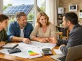 Une famille discute d'un projet de rénovation avec un conseiller. Ils examinent des plans et des calculs, visant un **prêt vert** pour des travaux écologiques.