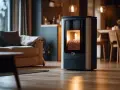 Stufa a pellet moderna in un soggiorno accogliente, pronta per la pulizia e per riscaldare l'ambiente.
