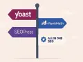 Panneau directionnel présentant les options pour le meilleur plugin SEO WordPress : Yoast, SEOPress, RankMath et All in One SEO.