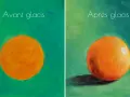 Avant/après : une sphère orange sur fond vert, montrant comment faire des effets avec de la peinture acrylique pour donner du volume et de la profondeur.