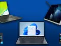 Drei Laptops mit Intel Evo-Logo, einer mit i5 und einer mit i7 Prozessor.