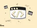 Webseite mit HTML-Tags und Code-Symbolen.