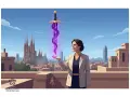 Una mujer con un traje beige levanta su mano, invocando un brillante as de espadas morado sobre un tejado con la Sagrada Familia al fondo.