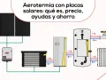 Diagrama de aerotermia con placas solares, mostrando el sistema de calefacción y agua caliente.