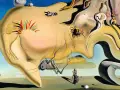 Un paysage onirique aux formes molles, typique des **œuvres surréalistes de Salvador Dalí**, avec des créatures étranges et des objets flottants.