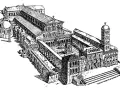 Rysunek architektoniczny Bazyliki św. Piotra z widokiem na dziedziniec i wieżę.