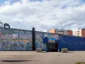 En stor vägg täckt av färgstark graffiti. En basketkorg hänger på väggen.