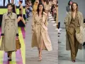Modelle in passerella mostrano come abbinare un trench beige con abiti eleganti, casual e audaci, creando look sofisticati.