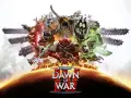 Un marine espacial rojo, un orco gigante y otras unidades de Warhammer 40,000 se alzan sobre un planeta en el arte de Dawn of War 4.