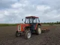 Pomarańczowy Ursus C-360 na polu. Zastanawiasz się, ile oleju do silnika C-360 potrzebujesz? Ten traktor jest gotowy do pracy.