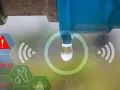 A water pipe is leaking, detected by no code IoT sensors. A warning icon and "Leaking" text are displayed.