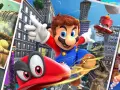 Mario salta en la ciudad, con su gorra Cappy y un dinosaurio. Un collage muestra escenas de Super Mario Odyssey, tu guía definitiva.