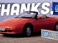Red Lotus Elan M100 convertible sports car with "THANKS, GM" text and GM logos.