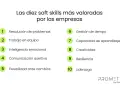 Las diez soft skills más valoradas por empresas: resolución de problemas, trabajo en equipo, inteligencia emocional, comunicación, flexibilidad, gestión de tiempo, aprendizaje, creatividad, resiliencia y liderazgo.