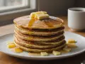Pile de pancakes dorés arrosés de sirop et garnis de beurre, saupoudrés de sucre glace. Un délice pour le petit-déjeuner.