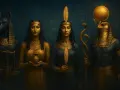 Postacie z mitologii egipskiej: Anubis z wagą, dwie kobiety, jedna z dzbanem, druga z piórem, oraz Horus z dyskiem słonecznym.