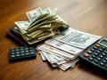 Stos banknotów i kalkulatory na drewnianym blacie. Zastanawiasz się, skąd wziąć pieniądze na długi? Czas na planowanie finansowe.
