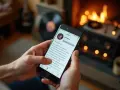 Jak znaleźć tytuł piosenki po fragmencie? Telefon z otwartą aplikacją muzyczną, wyświetlającą tekst utworu, w dłoniach użytkownika. W tle kominek i gramofon.
