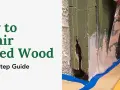 A close-up shows a person applying wood filler to a damaged, green-painted corner, illustrating wood siding repair.