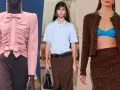 Modelli in passerella con abbinamento rosa e marrone: un top con fiocco e pantaloni, una polo con gonna, e un cardigan con gonna.