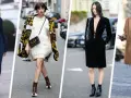 Sei donne sfoggiano look diversi, ognuna con un vestito con stivali bassi, creando un'elegante sfilata di moda urbana.