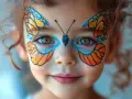 Ein Kind mit einem wunderschönen Schmetterling Schminken, das wie ein Monarchfalter aussieht. Glitzernde Flügel zieren Wangen und Augen.