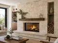 Un elegante camino moderno con rivestimento in pietra chiara, mensola in legno grezzo e un'accogliente fiamma viva.