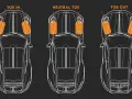 Schema che illustra le diverse angolazioni delle ruote anteriori di un'auto: convergenza (toe in), neutra (neutral toe) e divergenza (toe out).