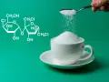 Wzór chemiczny sukralozy obok filiżanki cukru. Czy sukraloza a cukrzyca to dobry wybór?