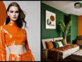 Mujer con atuendo **naranja color** brillante junto a un salón moderno con paredes verdes y naranjas, sofá y cojines.