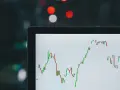 Wykres świecowy na ekranie laptopa pokazuje zmienność rynkową. W tle rozmyte światła, sugerujące noc i potencjalnie analizę rynków, np. rdn energia.