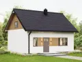 Gotowe domki na działkę ROD. Biały domek z drewnianymi elementami, czarnym dachem i kominem, otoczony zielenią.