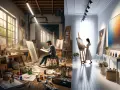 Dans une galerie recherche artiste, deux ateliers contrastés : l'un bohème et lumineux, l'autre épuré et moderne.