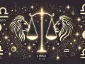 Złoty lew i waga na tle nocnego nieba pełnego gwiazd. Symbol zodiaku Waga i Lwa.