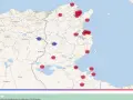 Tunezja luty pogoda: na mapie zaznaczone temperatury w różnych miastach, od 15°C w Hammamet do 22°C w Tataouine.