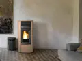 Stufa a pellet idro, elegante e moderna, con fiamme vive. Può funzionare senza acqua, offrendo calore e stile.