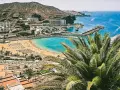 Widok na zatokę z plażą i palmami. Zastanawiasz się, ile się leci na Wyspy Kanaryjskie, by zobaczyć taki krajobraz?