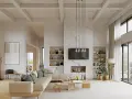 Soggiorno moderno con divano beige, camino in marmo e soffitto con travi a vista. Diversi tipi di bianco dominano l'ambiente, creando un'atmosfera luminosa e ariosa.