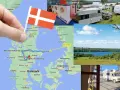 Planerar du en resa till Danmark? Bilden visar en karta över Danmark med en rutt markerad, samt campingplatser och vackra vyer. Ett perfekt danmark resmål för husbilen!