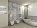 Bagno moderno con vasca ovale, WC, bidet e nicchie a muro. Un esempio di come ottenere un ottimo costo bagno completo con design ricercato.
