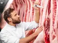 Metzger prüft mit Thermometer die Qualität von abgehangenem Rindfleisch in Kühlhaus.