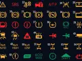Zestaw kontrolek Audi po polsku: wskaźnik poziomu oleju, ostrzeżenie, SRS, poduszki powietrzne, A/TP, hamulec postojowy, światła, ciśnienie w oponach, ESP, ABS, RBS, kontrolka silnika, akumulator, paliwo, światła drogowe, hamulce, kontrola trakcji, klu...