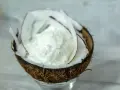 Una pallina di cremoso gelato al cocco servita in una noce di cocco aperta, decorata con scaglie di cocco.
