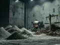 Wielka waga nad stertą gruzu, obok betoniarki i zasypów. Zastanawiasz się, ile kosztuje kubik betonu?