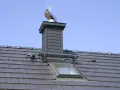 Nowoczesny komin z ozdobnym wiatrowskazem i stopnie kominiarskie zamontowane na szarym dachu z dachówki.