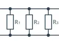 Schemat obwodu elektrycznego z rezystorami R1, R2, R3 połączonymi równolegle.