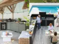 Deux cuisines d'été fait maison : une sous un auvent en bois, l'autre près d'une piscine avec des gens qui préparent un repas.